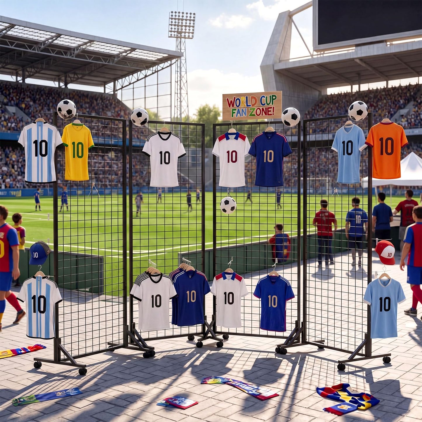 Blulu 4 Pcs 2' x 6' Grid Wall Display Stand with T-Base, 2026 Freestanding Grid Tower for Vendor Events & Craft Shows, Sports Jersey & T-Shirt Display Rack for Game Day Fan Shop (Black)