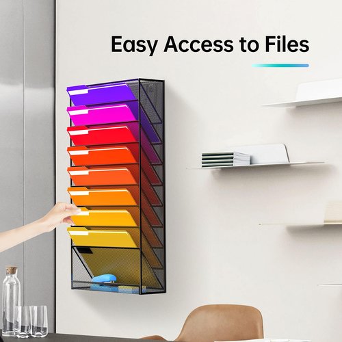 JMHUD 10 Tier Wall File Organizer, Hanging Wall Mount File Holder Paper Folder Mail Organizer, Mesh Metal, Black 2Pack
