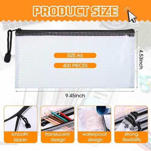 Zhehao 400 Pcs A6 Mesh Zipper Pouch Pencil Pouch with Zipper Waterproof Mesh Storage Bags Small File Bags for Classroom Organization School Office Supplies, 9.5 x 4.5 Inch (Black)