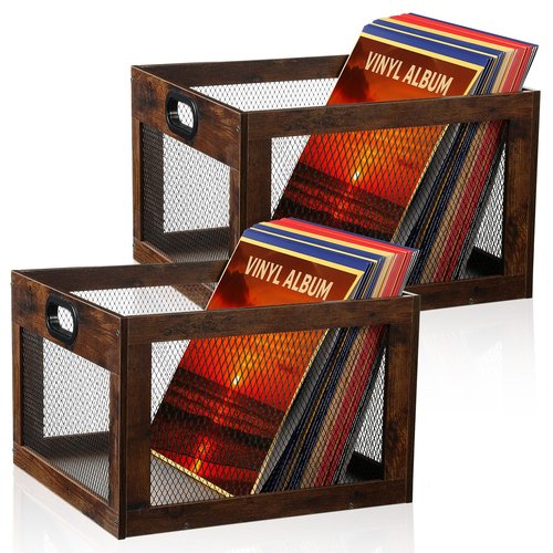 Yalikop 2 Pcs Vinyl Record Storage Crate Wooden Record LP Album Holder Vintage Cube Shelf Vinyl Organizer 100+ Storage Box for LP Album Home Decor