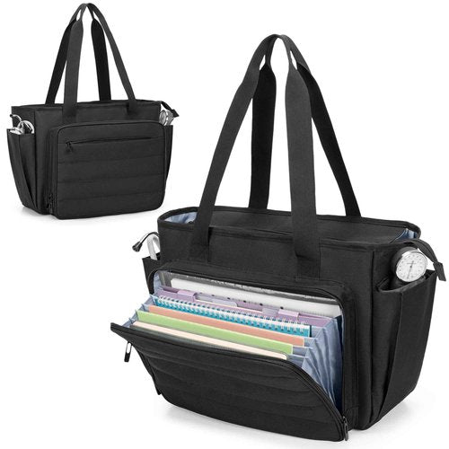 CURMIO Nurse Tote Bag for Women, Portable Medical Supplies Shoulder Bag with A4 Size Accordion File Organizer Compartment and 15.6” Laptop Sleeve for Nursing Work, Home Health, Black(Patent Pending)