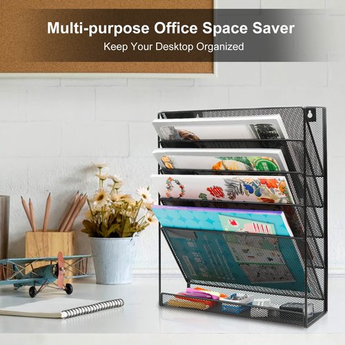 EasyPAG Wall File Holder 5 Tier Vertical Hanging File Organizer Wall Mount Paper Folder Rack with Bottom Flat Tray for Office and Home,Black