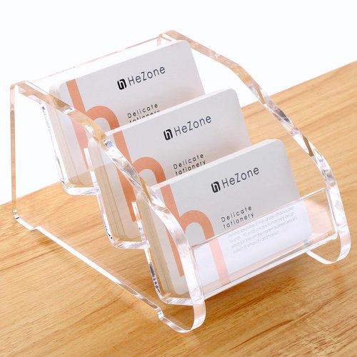 HeZone Acrylic Business Card Holder Display for Women and Men 3 slots 3 Tier ,Clear Cards Stand for Desk -Slots That Tilt Back to Prevent Business cards from(3 Slot-H)