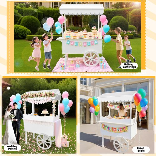 kaiwrxin Versatile Candy Cart with Wheels - 70x40x22in Ice Cream Carts for Business, Candy Carts' with Wheels for Party, Flower Cart Display Stand, Includes 100pcs Balloons & 1 Soft Glow Lights, White