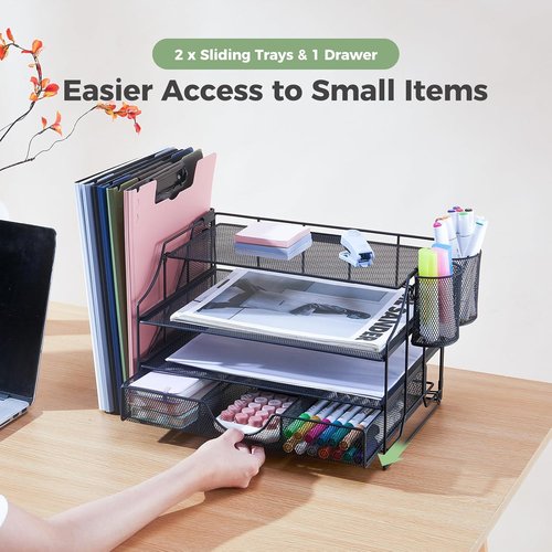 Regine Switzerland 4-Tier Desk Organizer - Mesh Letter Tray with Drawer | Vertical File Holder for Office Supplies