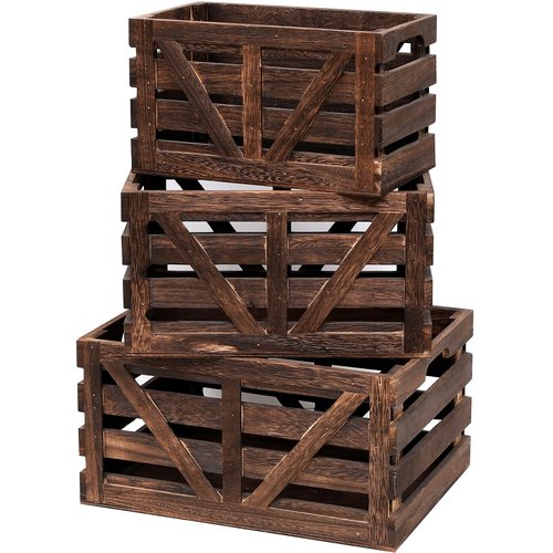 LYDWOO8D Storage Crate Decorative Wood Crates Wooden Storage Container,Wooden Boxes for Home Nested Crates with Handles,Farmhouse Wood Crates for Storage,Display,Brown Set of 3(Large,Medium,Small)