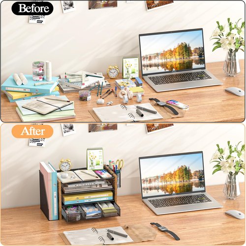 3IngSeagulls Wooden Desk Organizers and Accessories with File Holder, 4-Tier Paper File Organizer with Drawer & 2 Pen Holders, Office Desk Accessories, Desktop Organizer and Storage for Home Office
