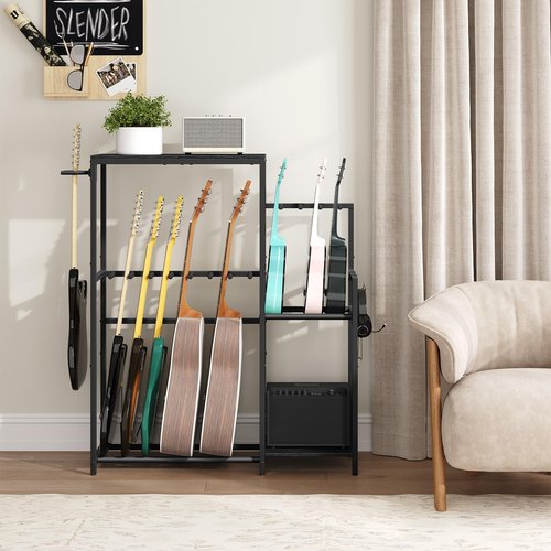 MAHANCRIS Guitar Stand, Multi-Guitar Rack, for Acoustic, Electric Guitar, Bass, Ukulele, Banjo, for 7 Guitars, Guitar AMP Stand, Record Rack, with Guitar Accessory Holder, EVA Cover, for Home Studio, Black GSHB8701