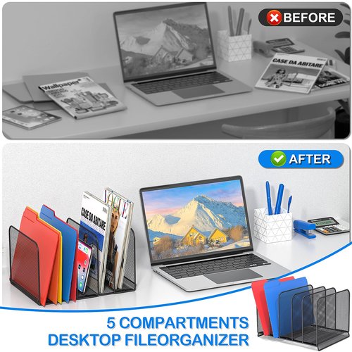 TOPCJ 5 Sections Desk File Holder/Rack/Sorter,Mesh File Organizer,File Folder Organizer,Metal Upright Desktop Organization for Documents,Magazine,Kitchenware,Antiskid,Antirust,Sturdy,1 Pack