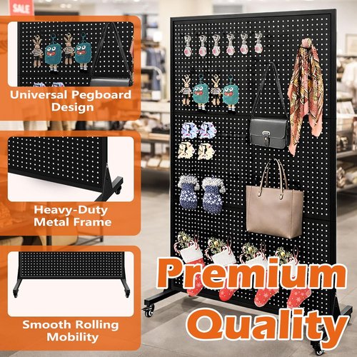 Royxen Metal Pegboard Display Stand - 3.5 x 6 Feet with 50 Hooks & Wheels | Black T-Base for Retail & Home
