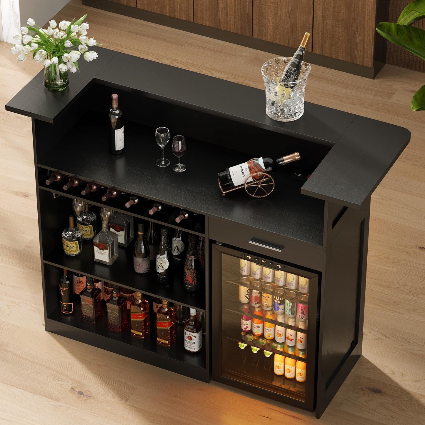 Lurinthal Home Bar Unit with Mini Fridge Space, Liquor Bar Cabinets with Storage Shelves, Drawer, Wine Glasses Holder, Mini Fridge Cabinet with Storage, Basement Bar for Home, Living Room