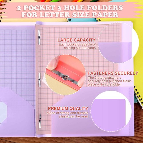 Lyrow 96 Pack Plastic Folders with Pockets and Prongs with Fasteners 8 Colors 3 Prong Bulk Folders for Business Office School Supplies