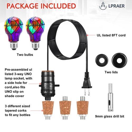2 Set DIY Wine Bottle Lamp Kit with E26 LED Light Bulbs for Liquor Bottle, with Glass Drill Bit and Lid Black Cord Lamp Socket, 3 Size Tapper Cork (W/ 2 Stained Glass Light Bulbs)
