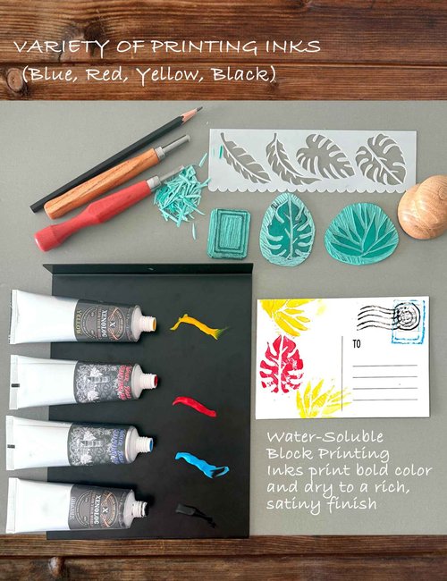Xenolog Deluxe Block Printing kit - Premium lino Cutters, Linoleum Blocks for printmaking, Includes Printing Ink in 4 Colors, Brayer, baren, Basswood, Transfer Paper, Stencils, and Guide - Ideal Gift