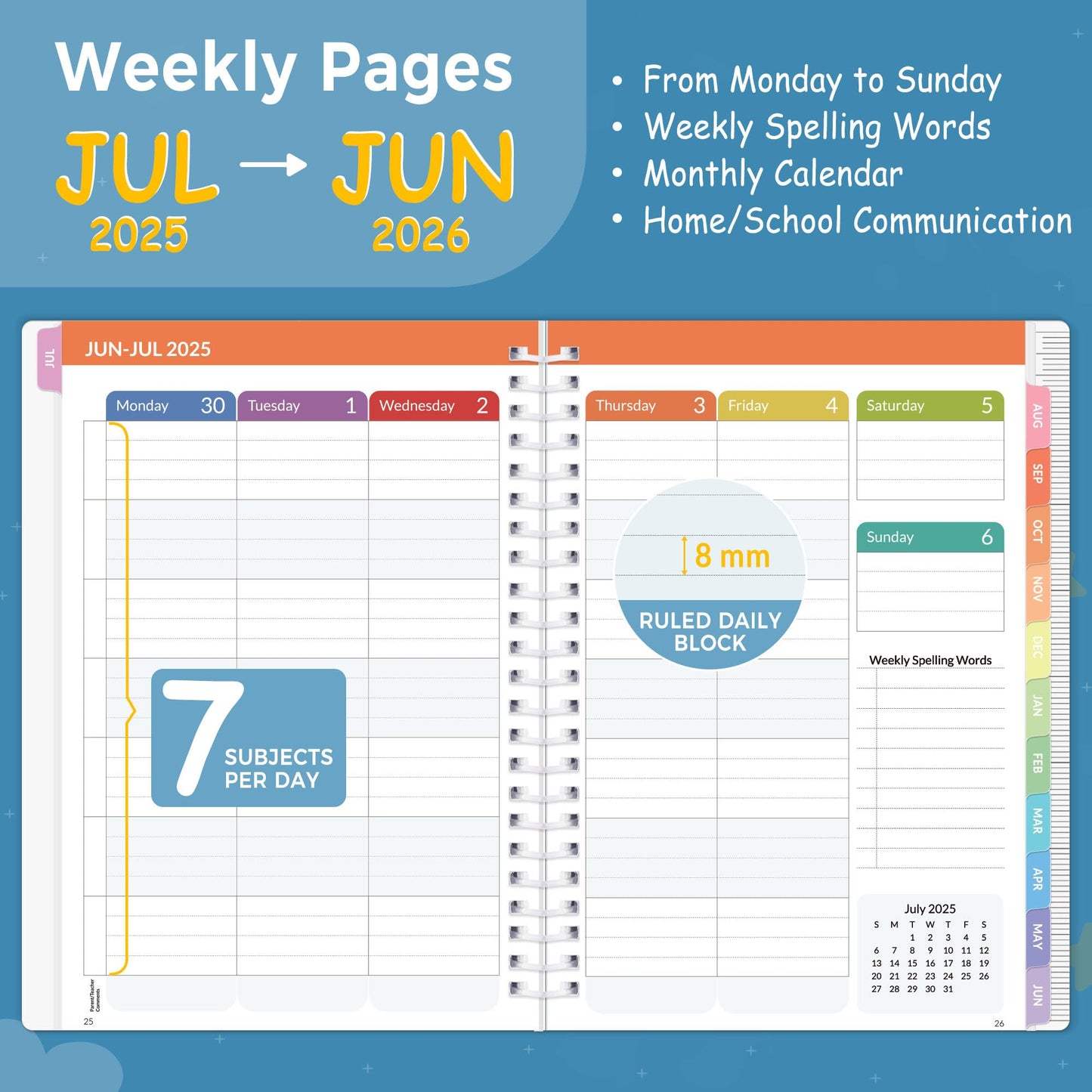 SUNEE Elementary Student Planner 2025-2026, Dated Academic Year Jul. 2025 - Jun. 2026, 6.5"×8.3" School Planner for Kids, Datebooks Weekly & Monthly Plan Book with Bookmark/Monthly Tabs, Blue Rainbow