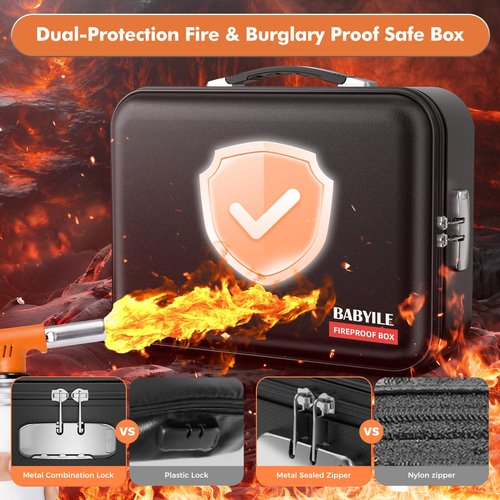 BABYILE Fireproof Document Box, Hard-Shell Case Fireproof File Organizer with Lock, Fireproof Safe for Home Travel, Fireproof Water Resistant Safe Box for Important Documents, Certificates,Passports