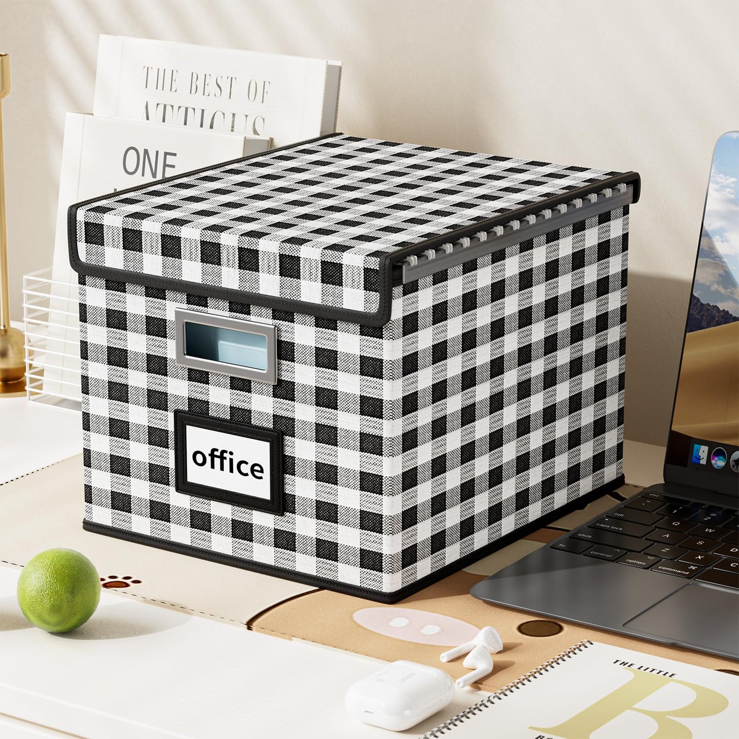 Huolewa File Organizer Box with Lid, Collapsible File Folder Organizer for Office Document Storage, Filing Box with Plastic Slide for Letter Size Hanging File Folders(1 Pack, Black & White Lattice)