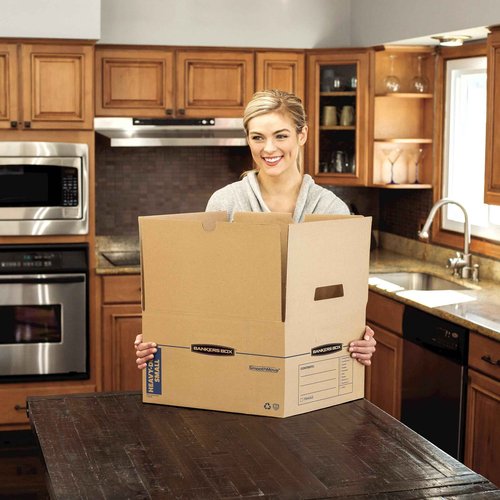 Bankers Box Small Heavy Duty Moving Box 8 Pack, Reinforced Handles, Tape-Free Assembly, Box with Lid, 15-in x 12-in x 10-in (7710201)