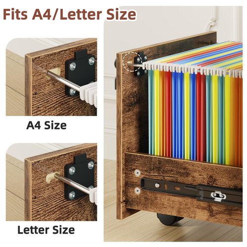 GYIIYUO 2 Wood Drawer File Cabinet with 22'' Extended Desktop and Lock, Mobile Filing Cabinet with Side Bag, Rolling Printer Stand, Fits A4&Letter Size, Home Office, Rustic Brown