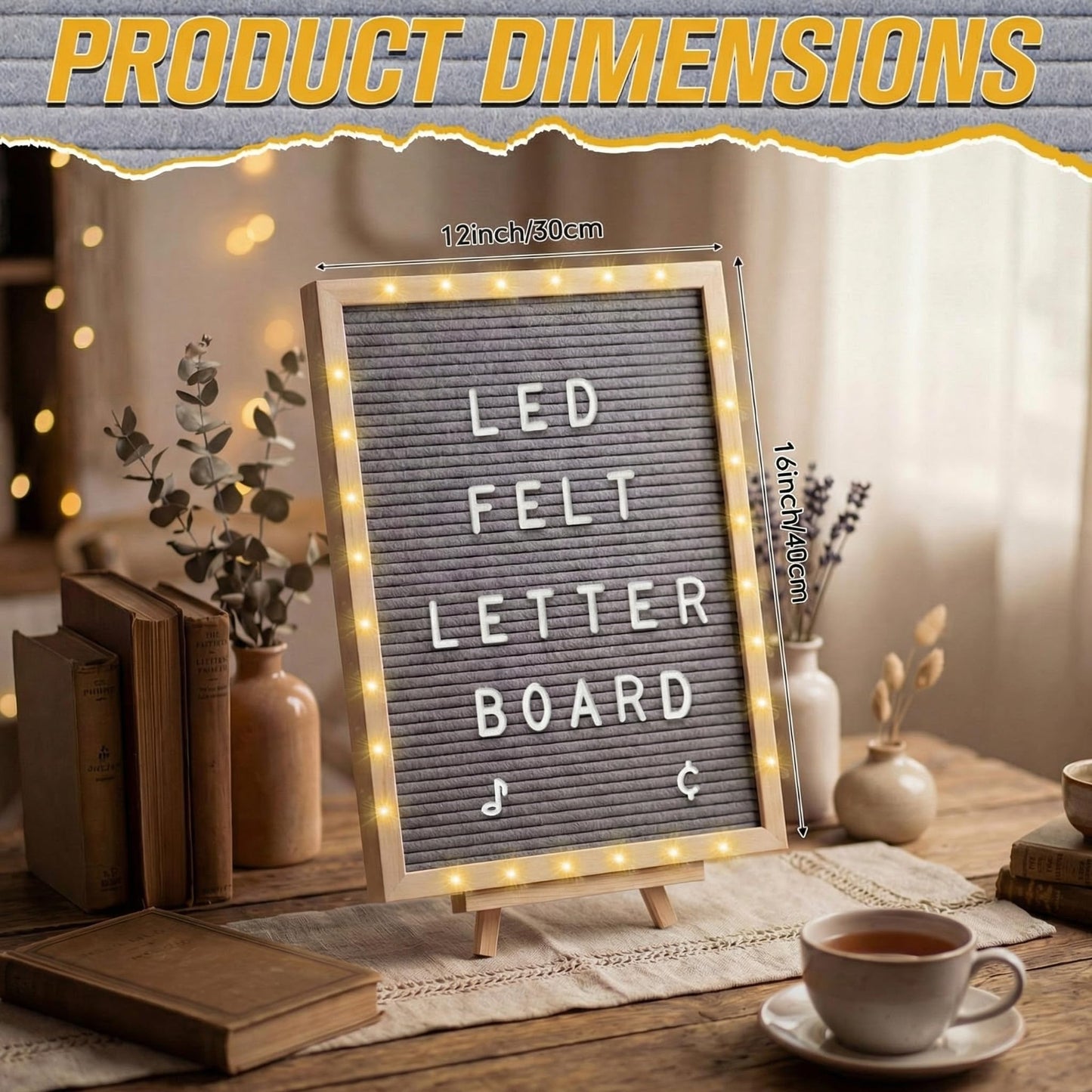 wearage 12 x 16 Inch Changeable Felt Letter Board with LED Lights, Message Custom Felt Letter Board with Wooden Stand and 300 Letters for Pregnancy Announcement Classroom Decor Poster (Grey)