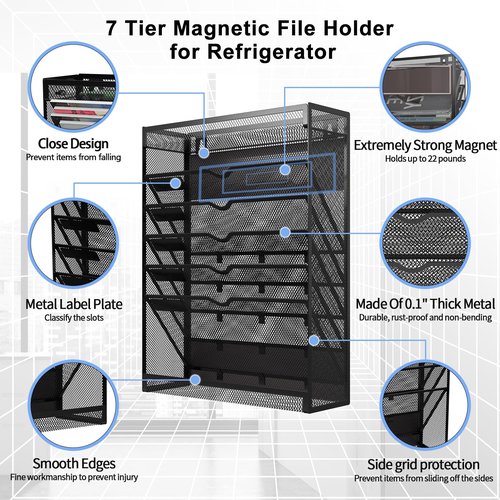 LQPAFZ 7 Tier Magnetic File Holder, No Drilling Wall File Organizer,Magnetic File Organizer Folder Holder, Hanging File Organizer, Vertical Holder Rack for File Cabinets Whiteboard refrigerator