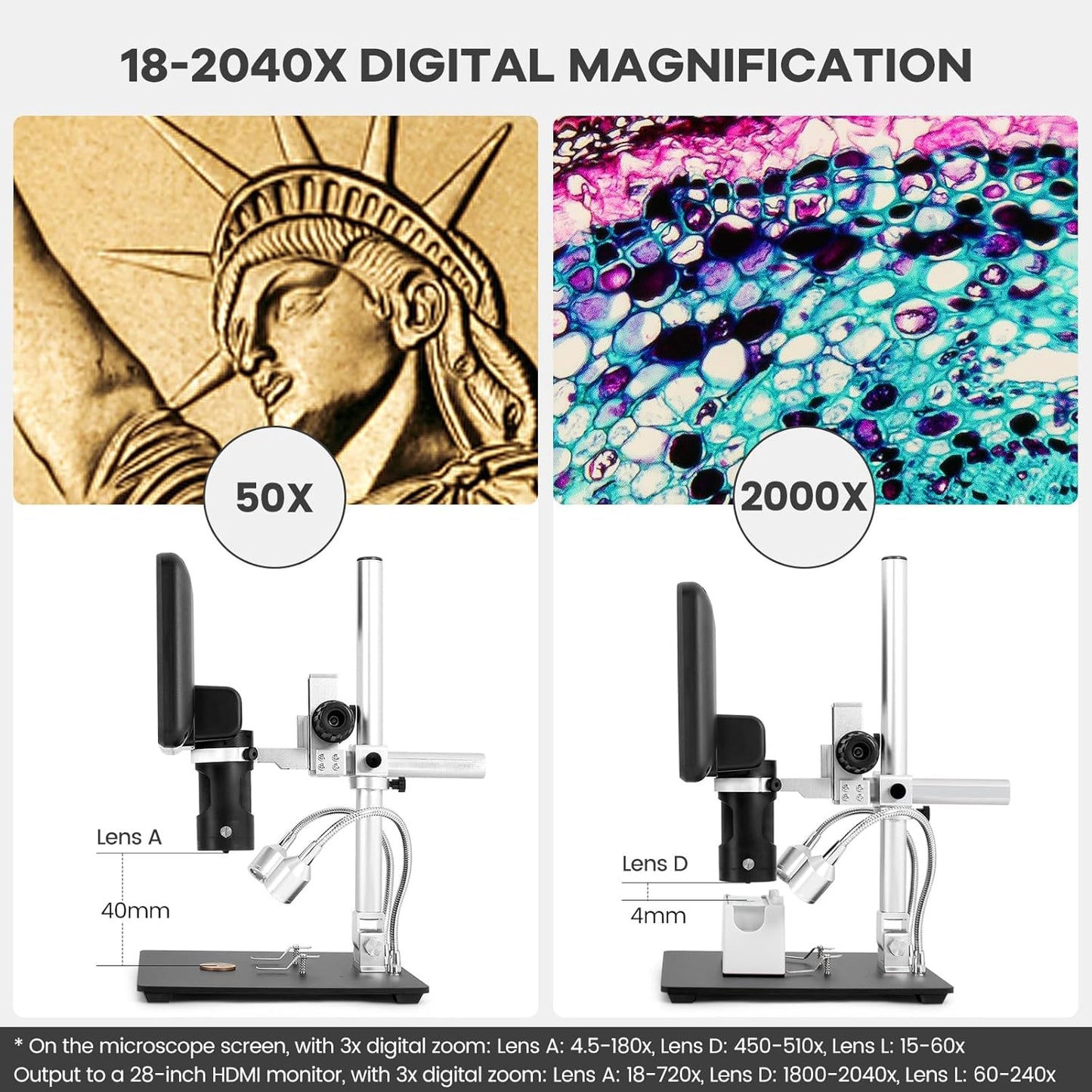 Andonstar AD246S-M HDMI Digital Microscope - 2000x Magnification, 2160P UHD Video, 7-Inch LCD Display, Pro Boom Arm Stand