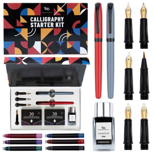 Wordsworth and Black Calligraphy Pen Set - Grey - Includes 2 Calligraphy Pens, 18 ML Ink Bottle, 60 Ink Cartridges, Ink Refill Converter, 1 Medium and 4 Broad Nibs, Brush Pen