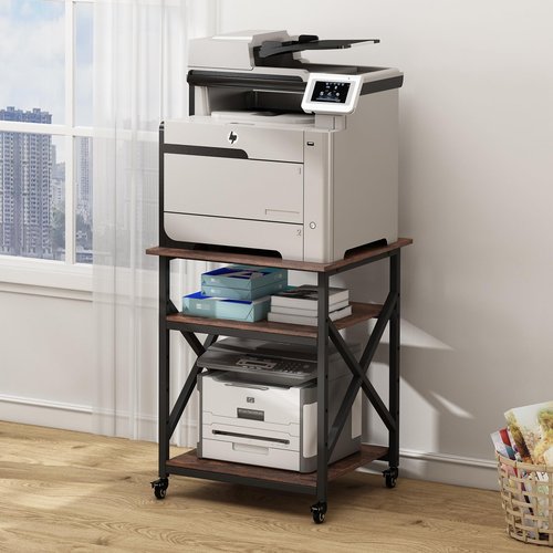 Fannova 23.6 x 23.6 Inches Large Printer Stand, 3 Tier Square Printer Table with Height Adjustable Storage Shelf, Rolling Printer Cart with Industrial Wheels for Home Office - Rustic Brown