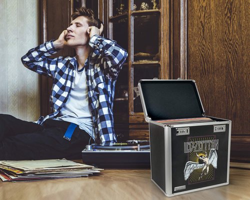 Vaultz Vinyl Record Storage Box - Locking 50 Album Holder & Organizer - Great Alternative to Flimsy LP Crate - 14.4 x 13.4 x 9.6 Inches - Led Zeppelin Album Design