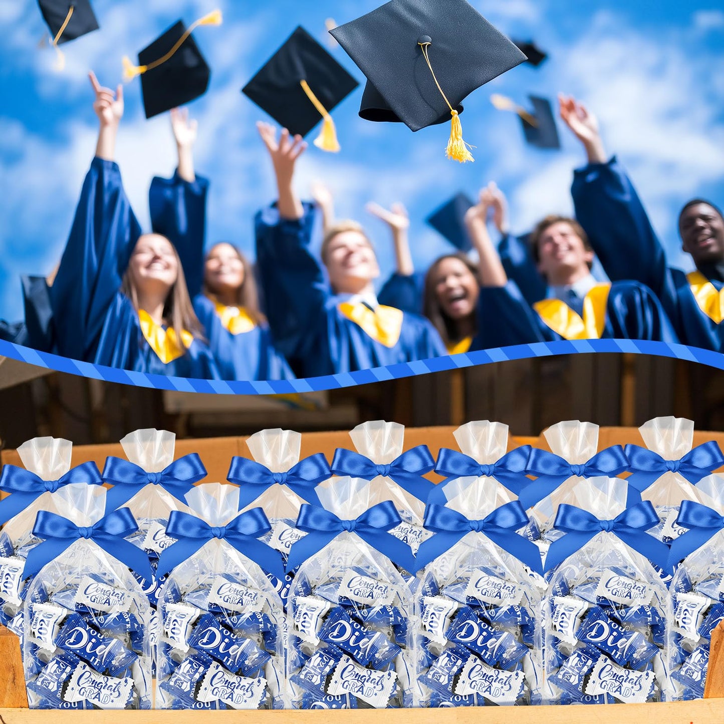 Naucoos Congrats Graduation Candies Class of 2026-26.5 oz Bag 150 Pcs Individually Wrapped Congratulations Goody Treat Sweets Grad Mint Candy for Adults Graduations Party Favors(Blue and White)