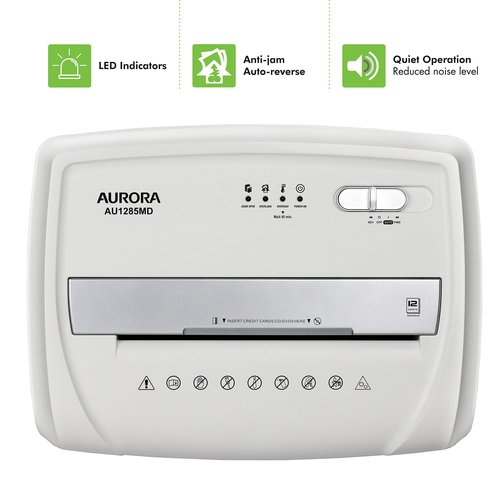 Aurora AU1285MD Compact Desktop-Style High Security 12-Sheet Micro-Cut Paper and CD/Credit Card/Junk Mail Pullout Basket Shredder, White/Black