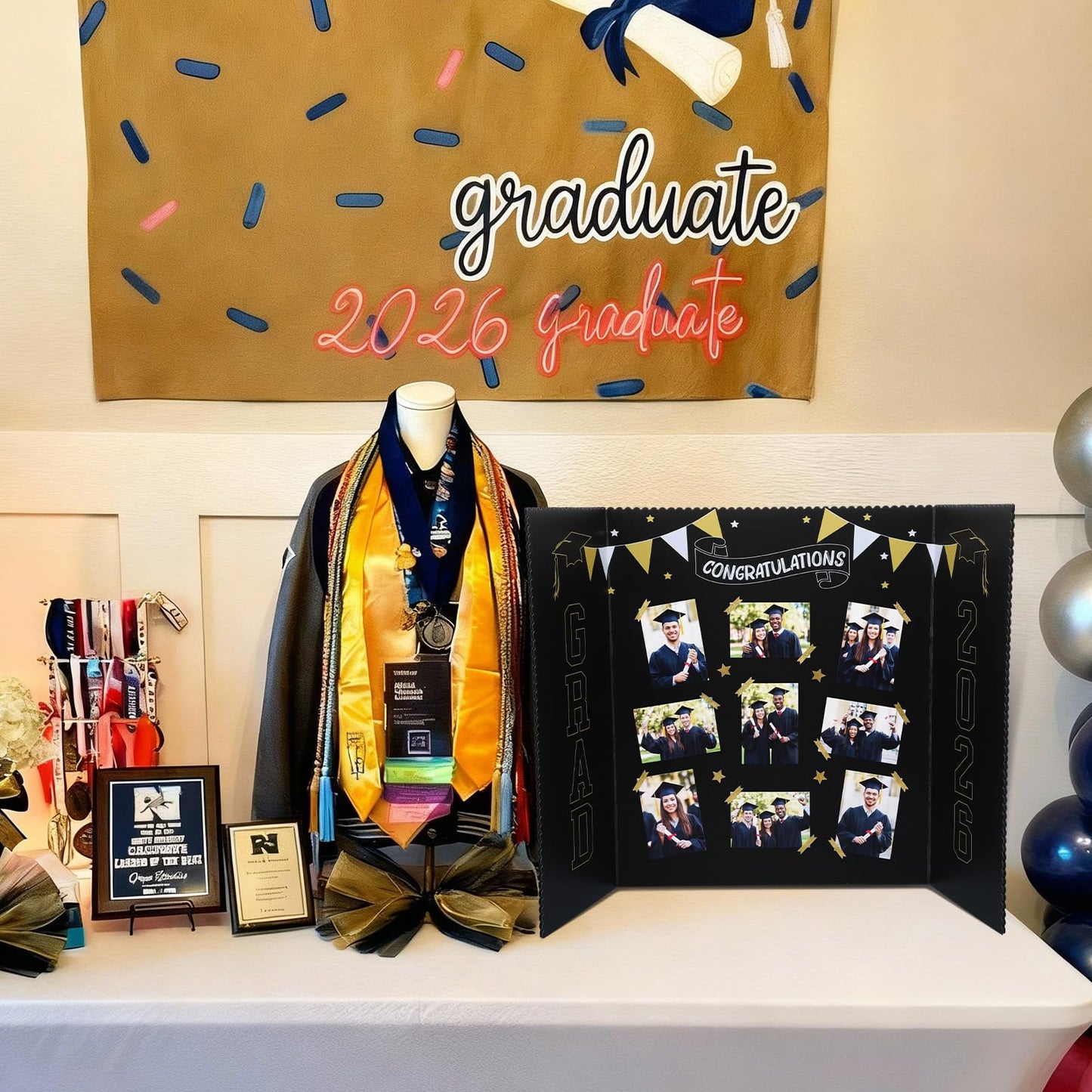 Epakh 2026 Graduation Trifold Poster Board 33 x 20 in Black Gold Senior Night Photo Display Board for Class of 2026 Graduation Photo Frames Picture Display for Grad Party Gift Table Decor