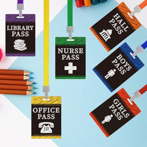 Skiennix 6 Sets PVC Hall Pass - Chalk Style Lanyards for Classroom Essentials | Teacher Must-Have