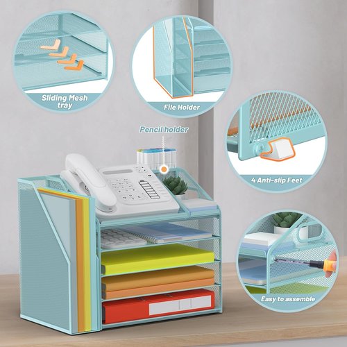 DocNest 5 Tier Mesh Paper Letter Tray Organizer - Stylish Blue Desk File with Handle & Pen Holder