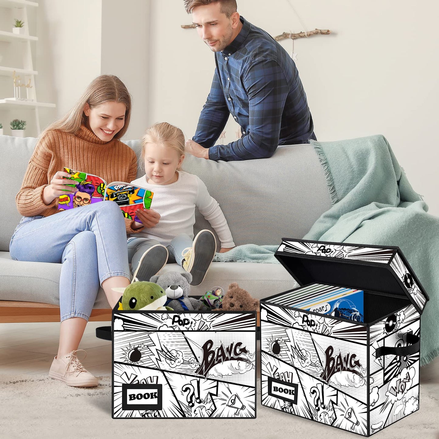 YNSZAS 2 Pack Comic Book Storage box, Collection 15.8" X 7.8" X 11.8", Collapsible Holds 160-180 Comic Book Short Box Organizer Container Holder Shelf(Cartoon Bombs)