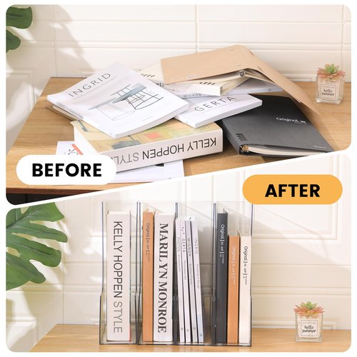 CiWiVOKi Vertical File Holder, Clear PET Desk Organizer and Storage Bins Holding for Magazines, Binders, Notebooks, Envelopes, Multi-purpose Plastic Document Organizer for Home Office, 4 pack