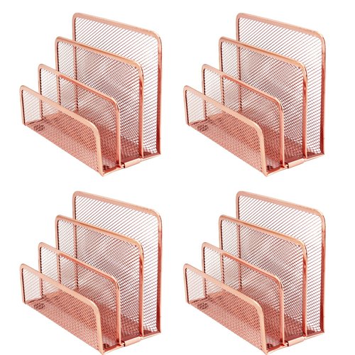 TUSAUW 4 Pcs Desk Mail Organizer, Desktop Letter Holder, Metal File Holder with 3-Slot, Desktop File Organizer Metal Mesh with 3 Vertical Upright Compartmentsfor Home or Office Desktop (Rose Gold)