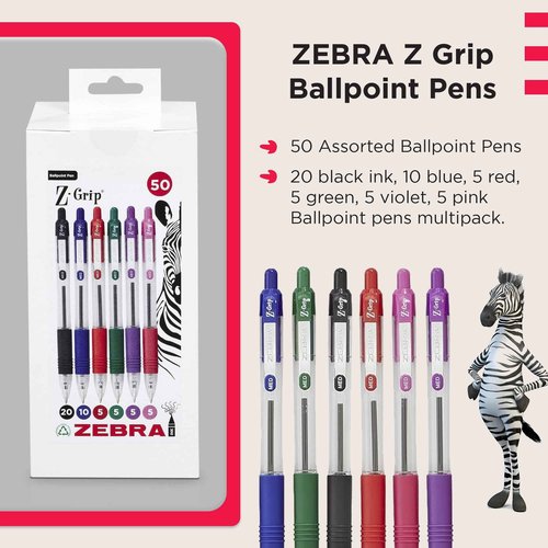 ZEBRA Z GRIP Assorted Ballpoint Pens, Retractable with Smooth Ink, Comfortable Grip and Pocket Clip Reliable Biro Medium Point 50 Pack 5 Assorted Colours