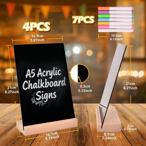 Pintuson Mini Chalkboard Signs - 4 Pack Double-Sided Acrylic Boards - 8x6 Inch with Beech Base for Menus & Table Numbers