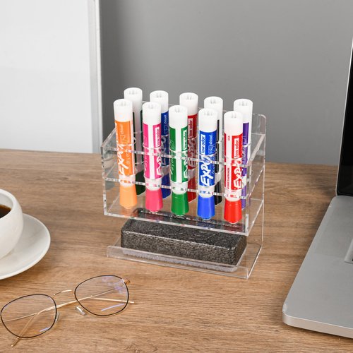 VieFantaisie Dry Erase Marker Holder, Wall Mounted Acrylic Marker Holder with 10 Slots, Sticky Pen Storage for Classroom Organization, Whiteboard, Office, Clear