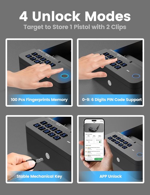 Biometric Gun Safe - 4-Way Unlock with APP, Fingerprint, PIN & Key - 2000mAh Rechargeable Battery