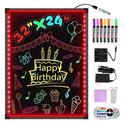 Hosim LED Message Writing Board 32"x24" Illuminated Erasable Neon Effect Restaurant Menu Sign with 8 colors Markers, 7 Colors Flashing Mode DIY Message Chalkboard for Kitchen Wedding Promotions (6080)