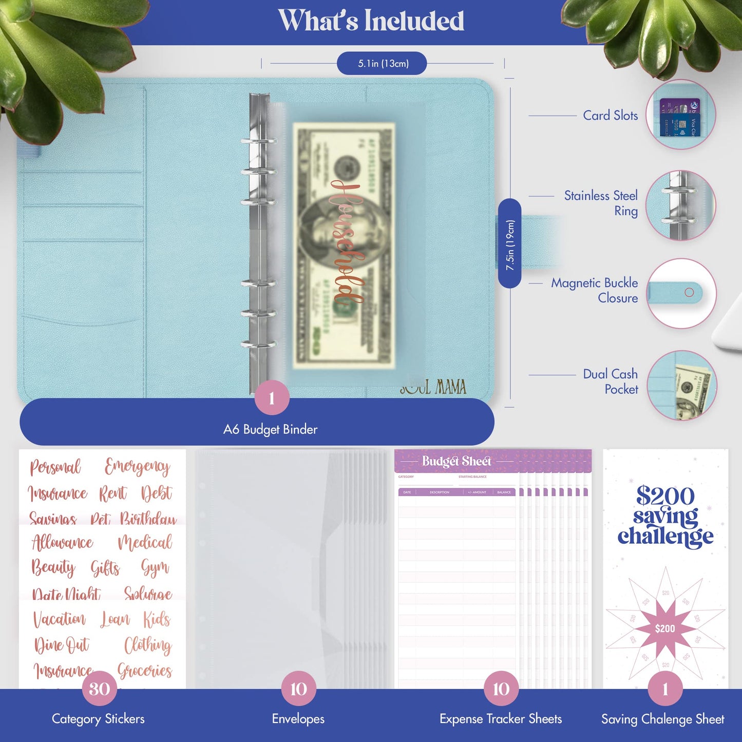 SOUL MAMA Budget Binder with Cash Envelopes - Blue Money Organizer for Cash, A6 Binder Cash Envelopes for Budgeting, Money Saving Binder with Rose Gold Stickers