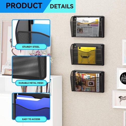 GDINDINFAN 3 Single Pocket Wall File Holder, Mesh Hanging File Folder Paper Organizer, Vertical Wall Mounted Mail Basket, Storage Organization Magazine Rack for Office, Home and School, Black