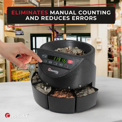 Cassida C100 Electronic Coin Sorter/Counter, Countable coins 1¢, 5¢, 10¢, 25¢, 250 coins/min, 110 VAC