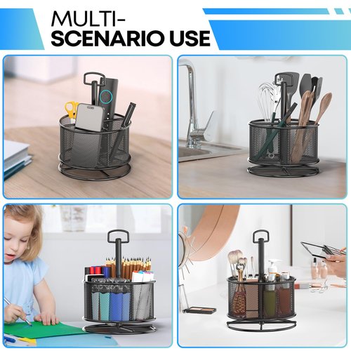 MINDEPOT 360-Degree Rotating Pen Holder for Desk, Mesh Pencil Organizer Multi-Functional Pen Holder, 4 Compartments Desktop Stationary Organizer, Home Office Black