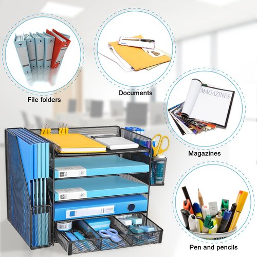 lemonsea Desk Organizers with File Holder, 5-Tier Paper Organizer Letter Tray with Sliding Drawers and Extra Pen Holder, Mesh Desktop File Organizer for School Office Supplies, Black.