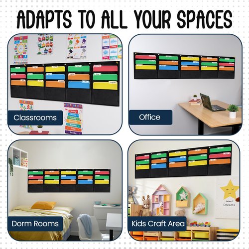 Essex Wares - 15 Pocket Horizontal File Hanging Paper Organizer for Letter Documents, Black, 68.4" Wide x 18.6" - Hanging Pocket File Organizer - Black Pocket Chart for Classroom & Office - 15 Pockets