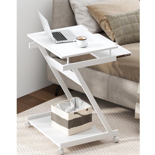 SogesGame Mobile Compact Computer Desk Cart for Small Spaces, Work Workstation, Standing Laptop Cart with Keyboard Tray and Printer Shelf for Home, Office, White