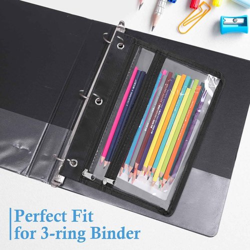 YoeeJob 24 Pack Zipper Pencil Pouches for 3 Ring Binder, 1.5 Inch Expandable with 2 Pockets and Clear Window for School and Office （Black）